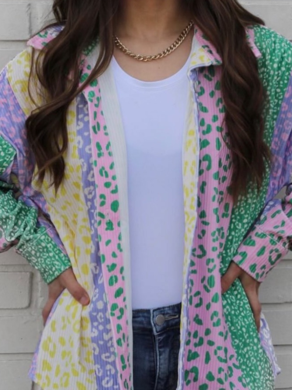 Flirty Pastel Animal Print Button-Up Shirt Jacket